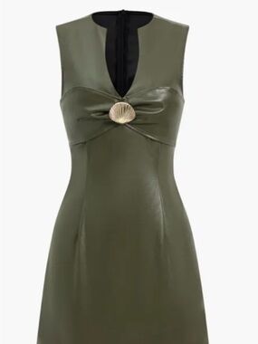 Micas Olive Green Sleeveless Faux-Leather Dress with Decorative Shell Accent